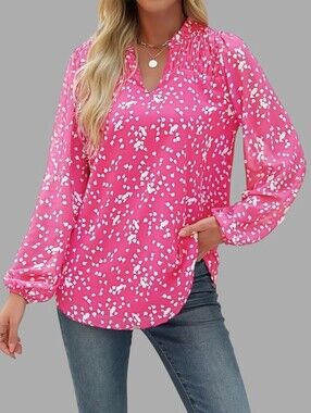 Barbie Pink Chiffon Split Neck Crinkle Blouse with Puff Sleeves